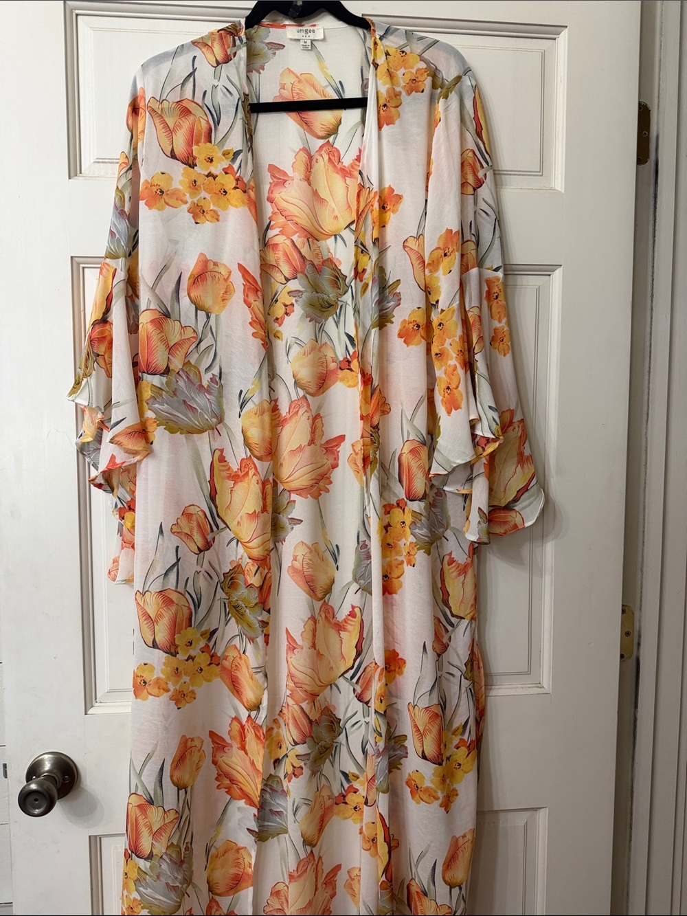 Unbranded White Floral Maxi kimono with Yellow-Orange Blooms